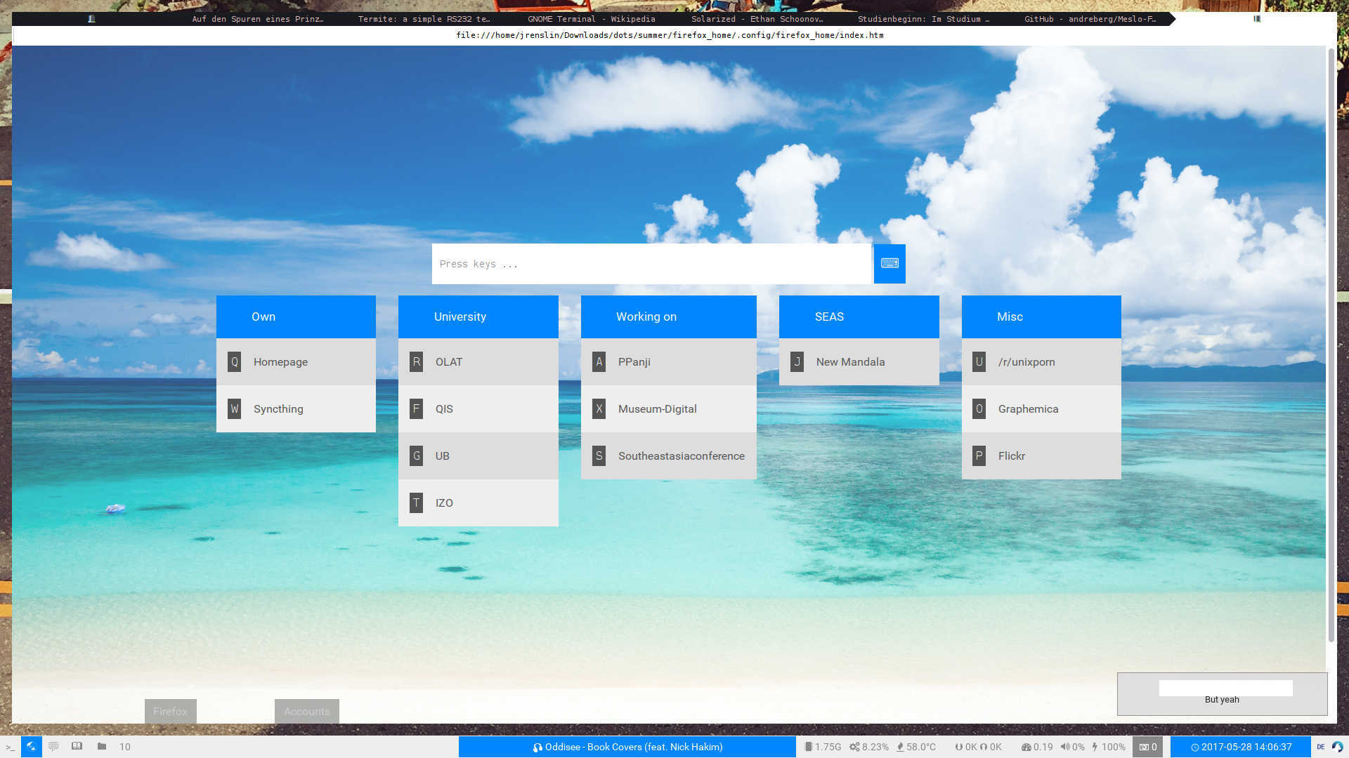 Firefox startpage (background image: "波照間島 2014 #15", CC-BY-NC-ND @ kobaken++)