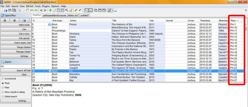 Vertaggte Bücher in JabRef mit aktivierter Suche, markiert: Place-Feld